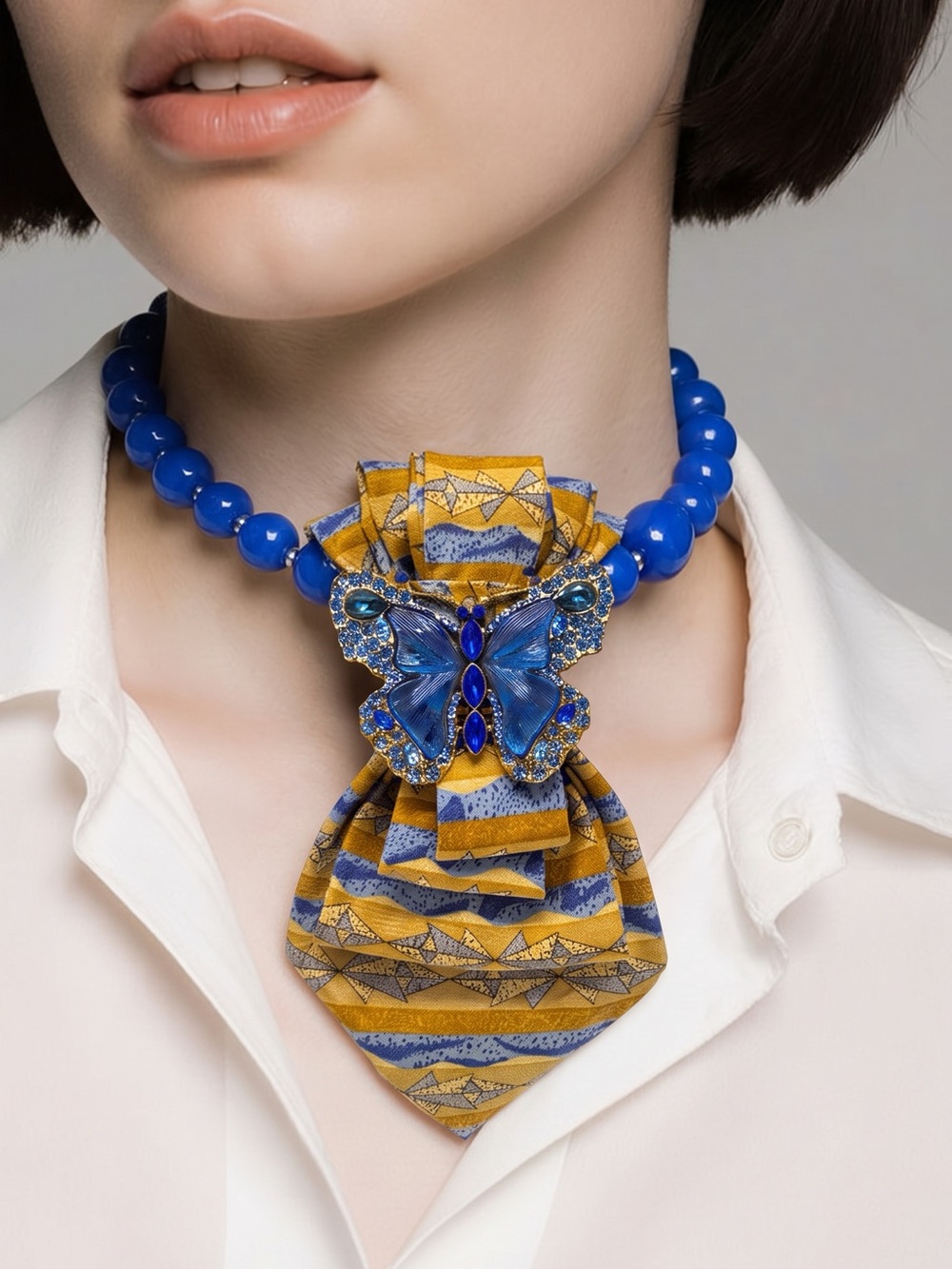 CHIC CHICK UPCYCLE | Blue & Gold Patterned Tie Necklace with Butterfly Accent